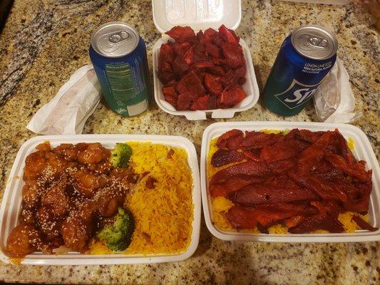 Sesame chicken w pork fried rice, boneless ribs w vegetable fried rice, fried spare rib tips, soda and pork egg roll.