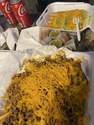 Carne Asada fries well done with extra cheese and quac and 10pc beef taquitos extra cheese $1.50 extra quac $2.75 total $37