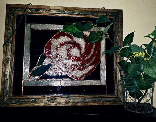 Red Rose. Traditional flat panel Custom Stained Glass. Ready to hang! Available! Contact me!