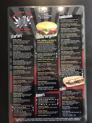 Zebra Lounge Menu