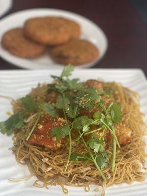 Lobster Garlic Noodles  absolutely delicious!!  (Also pictured: crab cakes)