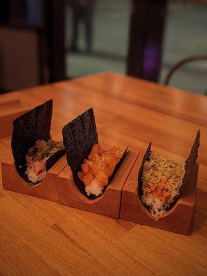 Seared albacore, salmon, and spicy tuna