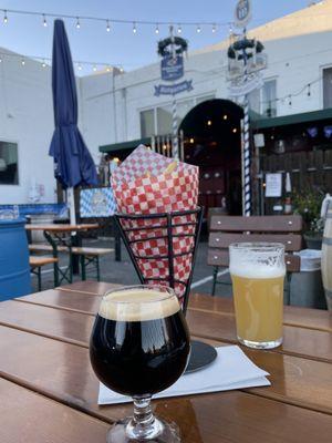 Nitro CBS Stout (Founder's Brewing Co.), Westminster Fog Show IPA (Humble Sea Brewing Company), and a Large Pommes Frites