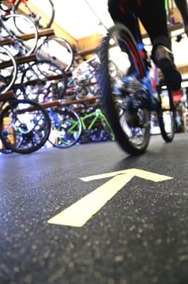 An indoor test track lets you get a feel for the bike right off the rack.