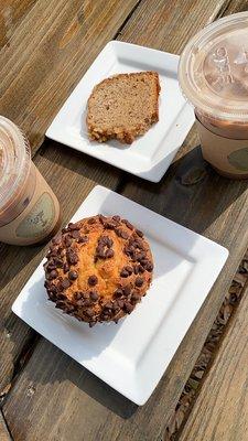 Chocolate chip muffin, banana bread, Milky Way Latte, S'mores Latte