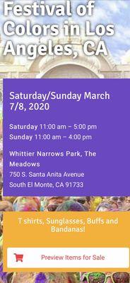 Use Code HOLI108 for 5% Off online. Holi Festival of Colors Saturday March 7 & Sunday March 8 @ Whittier Narrows Park in South El Monte