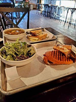 Cubano, cheese panini, soup, and salad