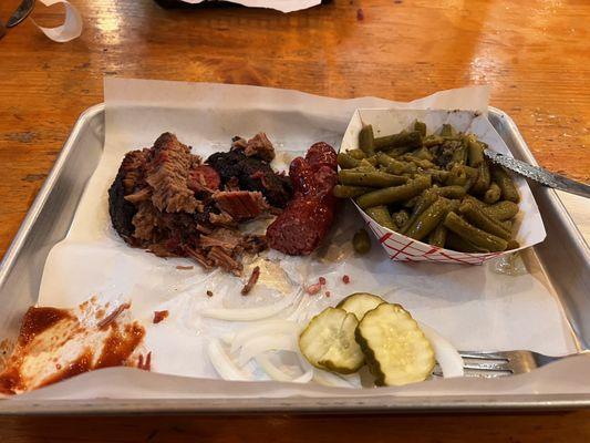 Brisket, sausage and green beans.