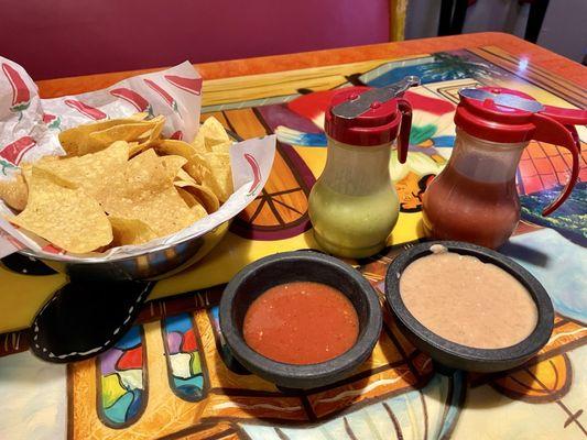 Chips and salsa with warm bean dip served.