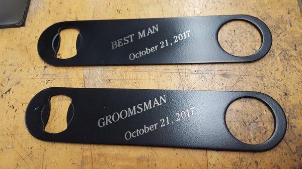 Bartender's opener engraved for wedding party.