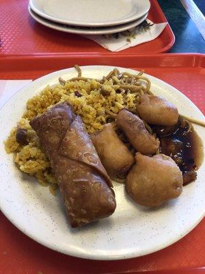 Fried rice, egg roll, sweet and sour chicken, lo mein, and general tso chicken