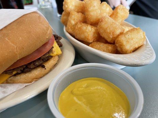 The double burger with tots.