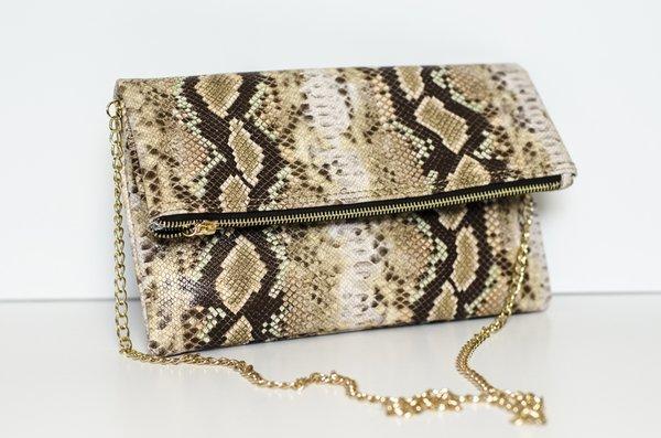 Python Snake Skin Print Multi-Color Tassel Accent Clutch (Taupe)