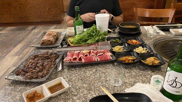 First course: brisket, bulgogi, galbi. Wish there was more to each portion but quality is great.