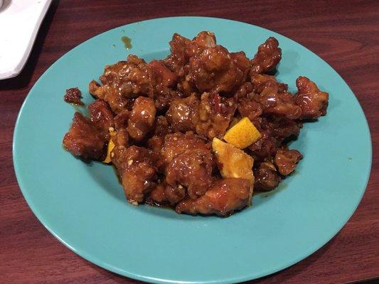 Orange chicken. So good and it has a kick!