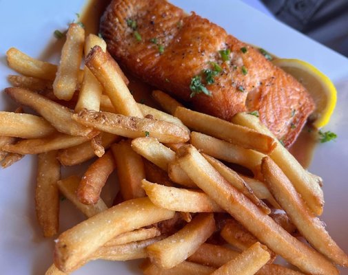 Salmon steak and fries