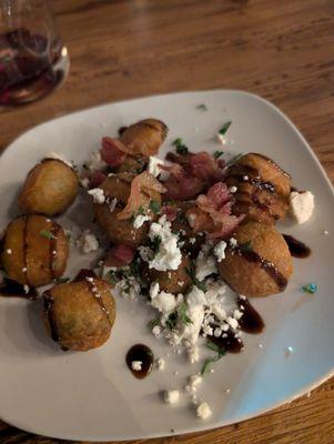 Tempora brussel sprouts with feta cheese and balsamic reduction