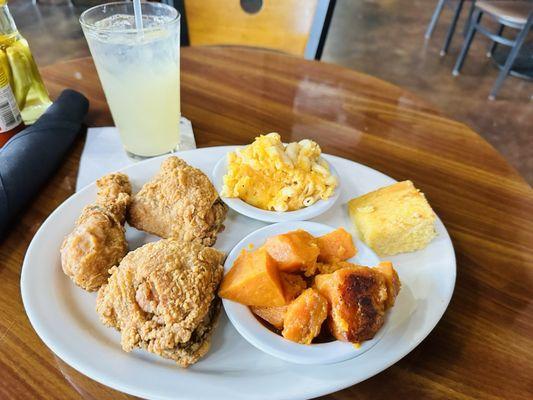 Fried chicken, yams, mac and cheese, cornbread, peach lemonade