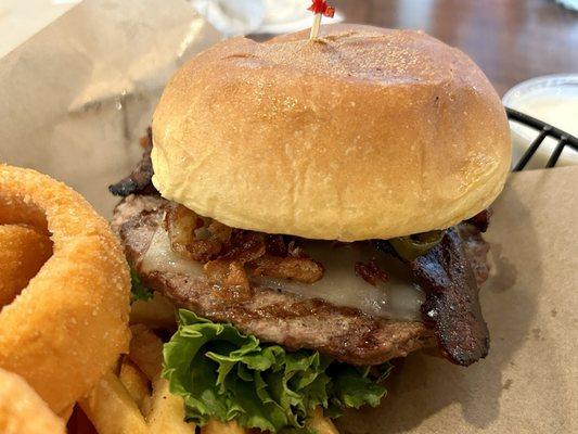 7/9/24 Juicy jalapeño burger combo w/ fries, onion rings