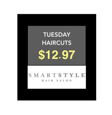 Try it Tuesday! $12.97 Haircuts All Day Every Tuesday! Come on in!