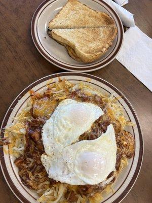 Carne Adovada bowl with dippy eggs and sourdough toast. YUM!