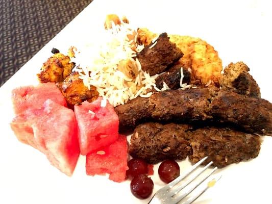 Kubideh kabobs, fried tilapia and chicken kabob