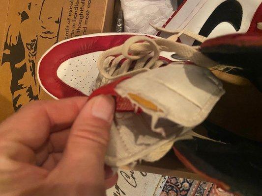 After an $850 repair, the laces are dirty, no insoles (wit a hard glue crease) and undone stitching at the heel