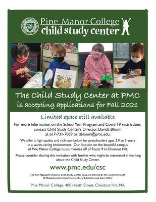 Pine Manor College Center now enrolling for Fall 2021.  Contact CSC Director, Davida Bloom at dbloom@pmc.edu or call 617-731-7039 for info