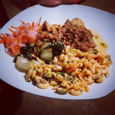 Saigon plate. Pulled ginger pork, sticky rice tots, garlicky bok choy, herb mac salad, with bahn mi pickles