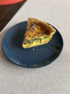 Bacon, spinach, mushroom, and ham quiche.