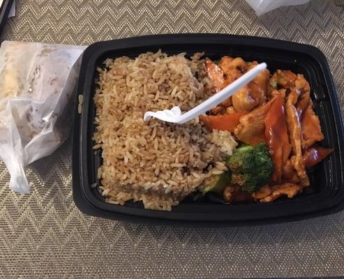 Dinner combo of chicken and veggies(just ok) and fried rice(poor). Small size for $10.