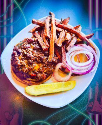 Chili burger with fresh sweet potato fries.