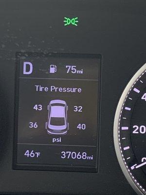 Tire pressures all messed up and I did ask for the tire caps but Brian the agent that gave me the car obviously did not care.