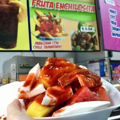 I selected pineapple, watermelon and coconut for the three choices you have for the fruta enchilosita con chili tamarindo