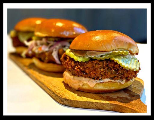 Classic Crispy Fried Chicken Breast with pickles and comeback sauce and pickles on a toasted potato bun