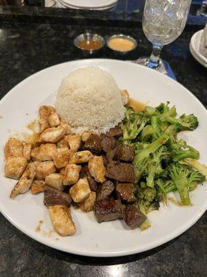 Hibachi Combination Plate--Chicken and Filet Mignon tips with broccoli and rice.