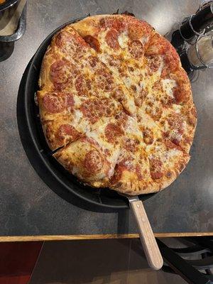 Traditional Crust, extra cheese, pepperoni pizza.