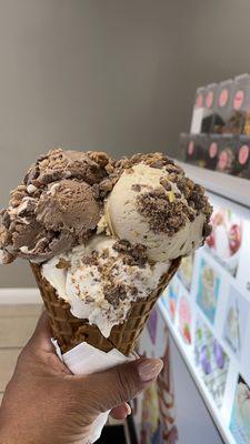 Banana cream pie, Dulce de Leche and Rocky Road on a Expresso waffle cone