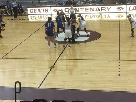 12/7/17. Thursday evening. Lady Yellowjackets Basketball (blue) vs. Centenary College Ladies (white). Gold Dome. Shreveport, Louisiana.