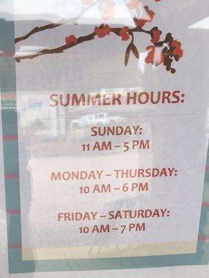 Summer Hours:  Sunday 11am - 5pm M-Th    10am - 6pm F- Sat.  10am - 7pm