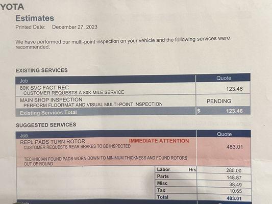 This says my breaks need immediate attention worn to minimum thickness. Brakes are 3 months old. SMH. Crooks