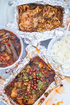 Spicy Cumin Lamb Hand-Ripped Noodles(No Soup), Hot Boiled Spicy Fish Fillet W. Soft Tofu, and Stir Fried Eggplant W. Spicy Garlic Sauce