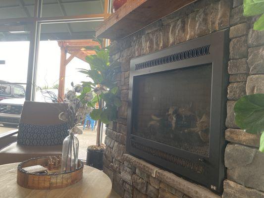 Fireplace and couch