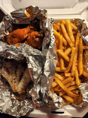 10 wing combo comes with fries a side vegetable and a can soda for $18  plus tax and a request for a tip