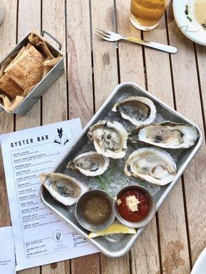 Raw oysters. I tried one of each- all delicious!