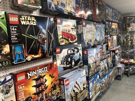 Wall of LEGO sets.