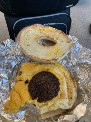 Sausage, egg and cheese on a plain bagel