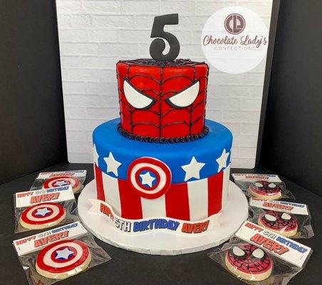 Spiderman and Captain America vanilla cake and vanilla buttercream with matching vanilla sugar cookies