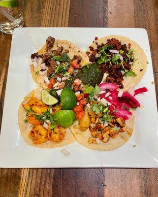 Tacos Mixtos - Steak, Chorizo, Chicken, Shrimp for $12.99 plus tax and tip. Excellent!