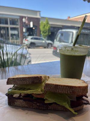 BALT on sourdough and Green Dream smoothie